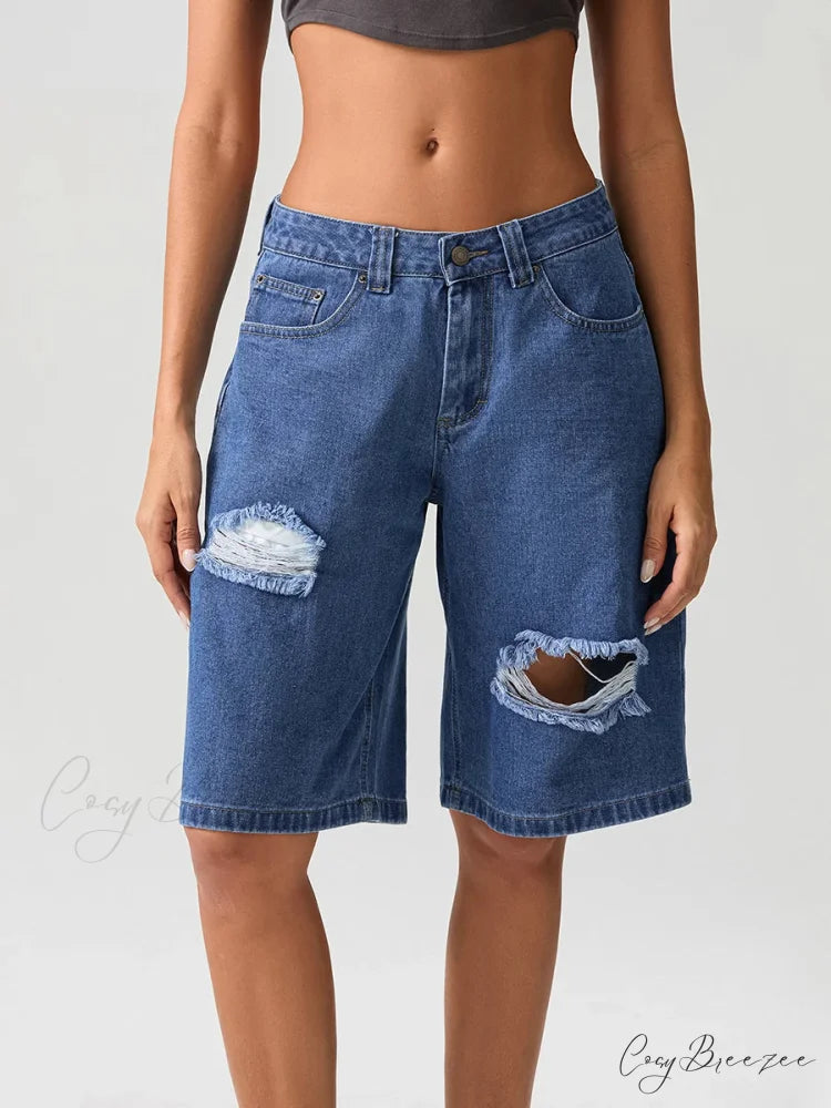 Ripped Button Knee-Length Denim Shorts short-250223
