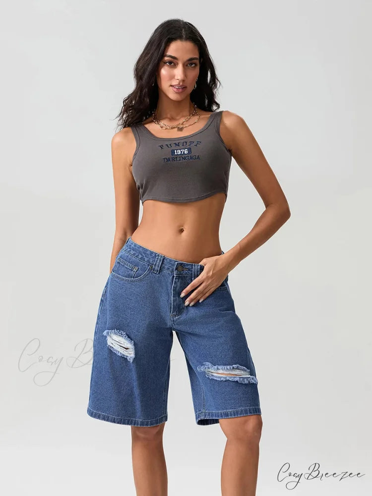 Ripped Button Knee-Length Denim Shorts short-250223