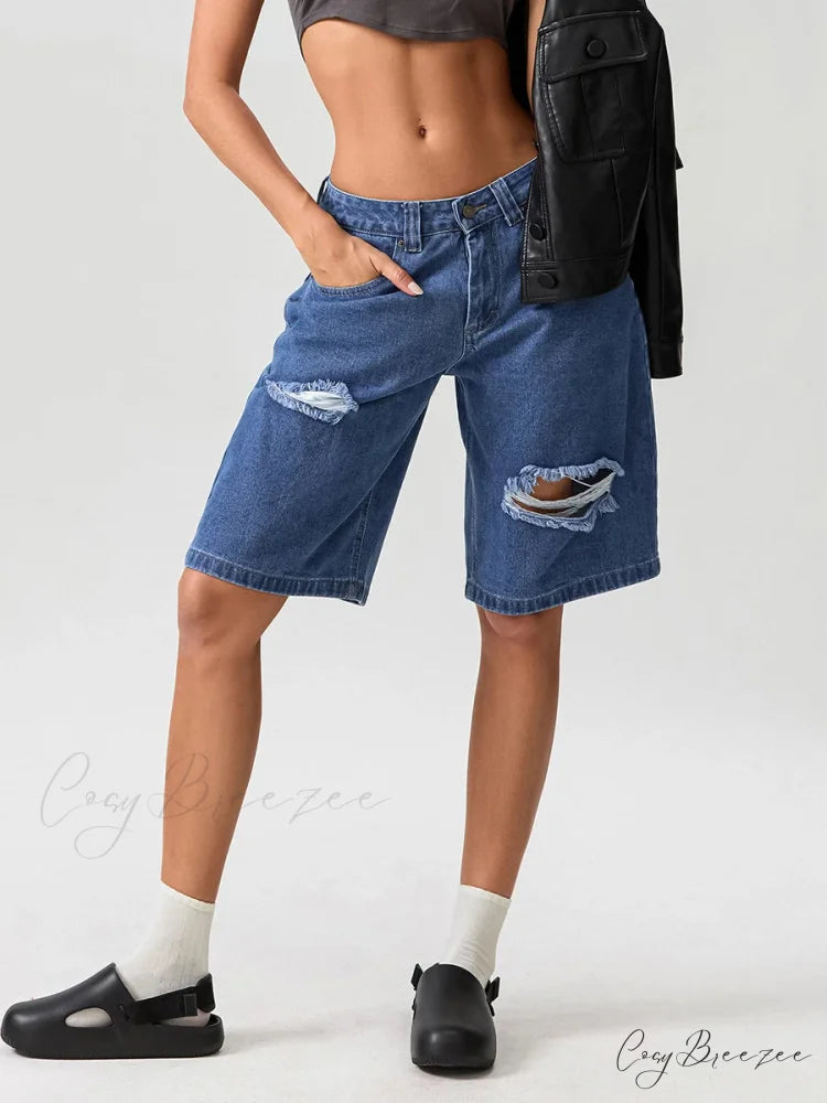 Ripped Button Knee-Length Denim Shorts short-250223