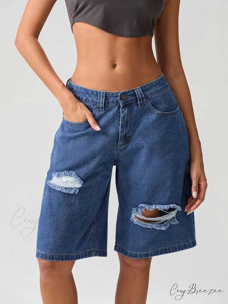 Ripped Button Knee-Length Denim Shorts short-250223