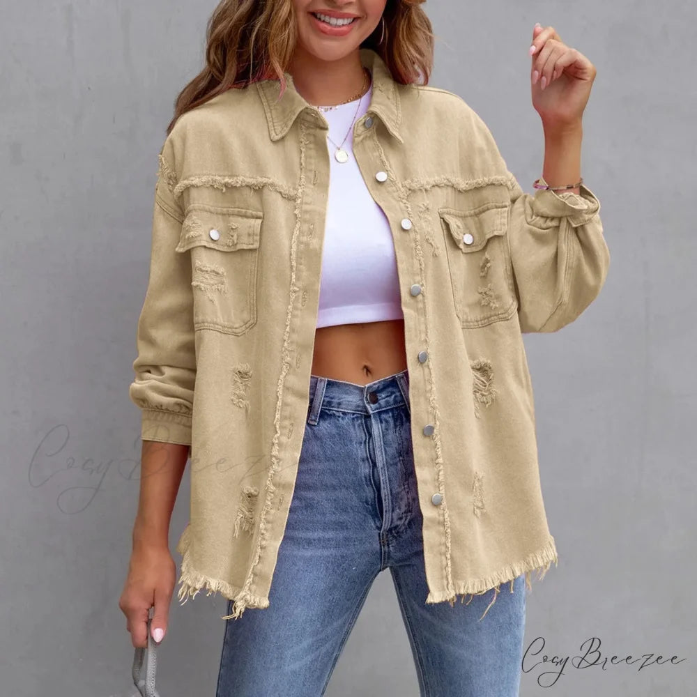 Ripped Distressed Denim Single Breasted Turn Down Collar Washed Jacket Khaki / S