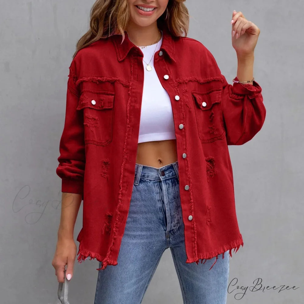 Ripped Distressed Denim Single Breasted Turn Down Collar Washed Jacket Red / S