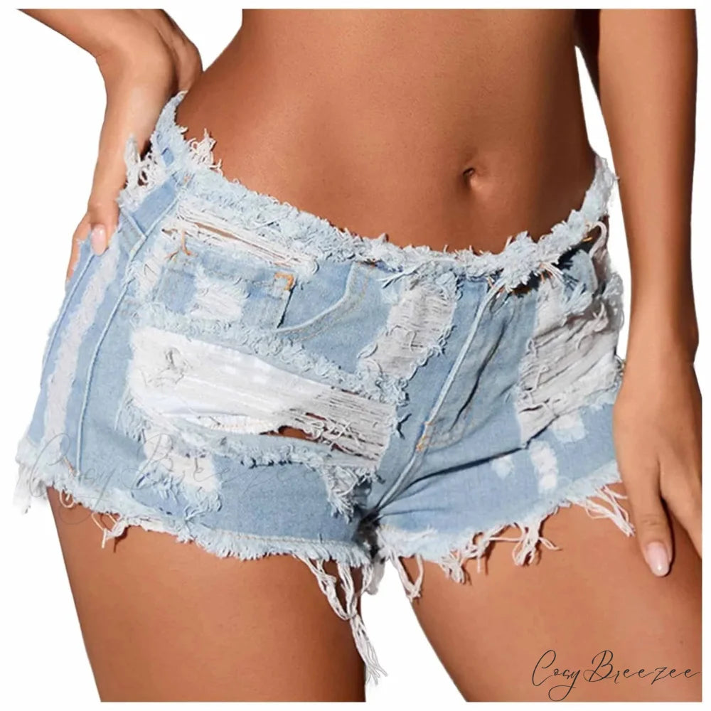 Ripped Hole Hem Denim Hotpants Shorts blue3 / S short-250223