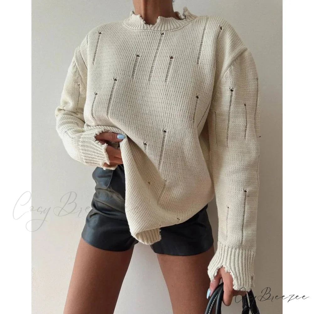 Ripped Y2K Casual Long Sleeve Sweater APRICOT / S swraters-241228