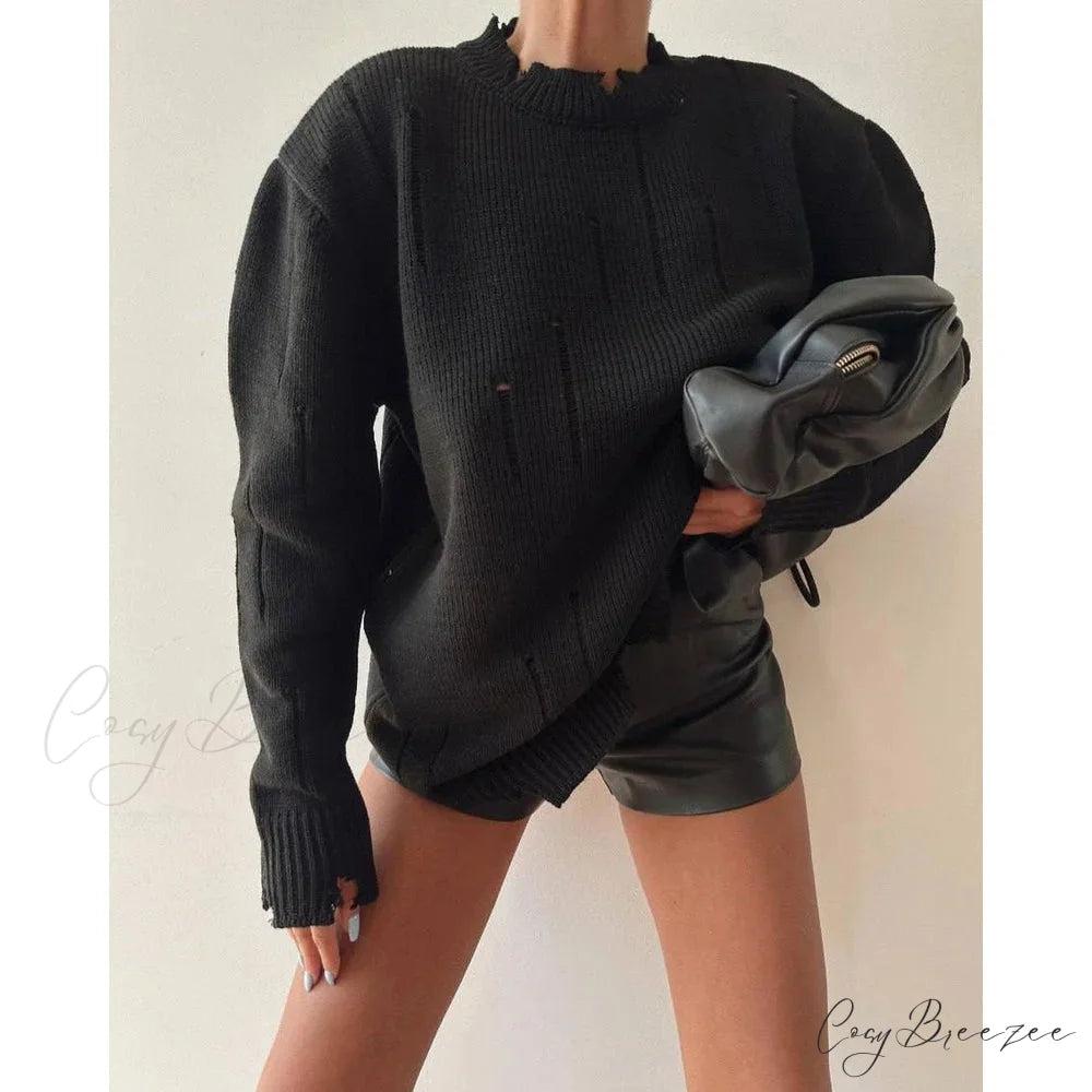 Ripped Y2K Casual Long Sleeve Sweater Black / S swraters-241228