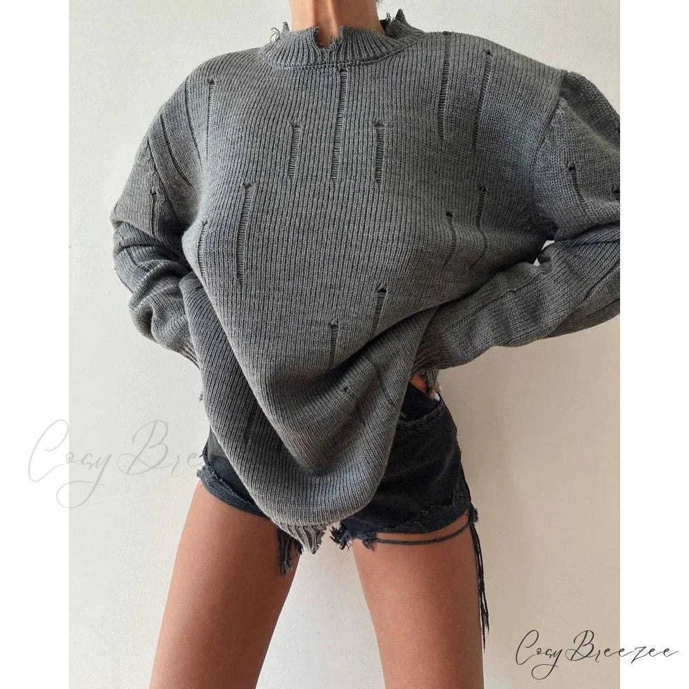 Ripped Y2K Casual Long Sleeve Sweater swraters-241228