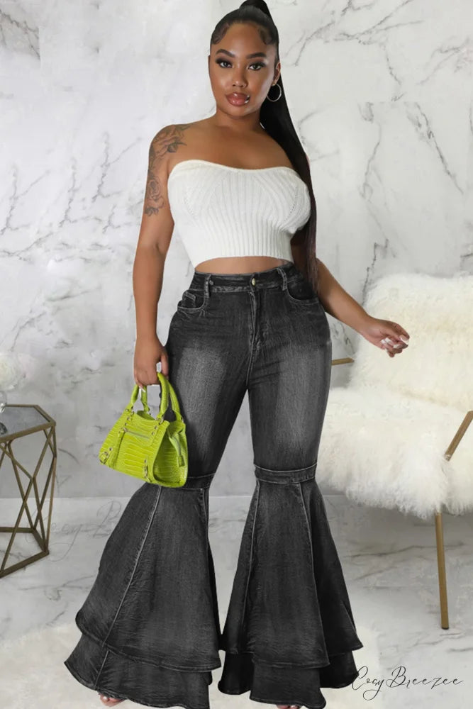 Rise Flares Tiered High Jeans Black / L