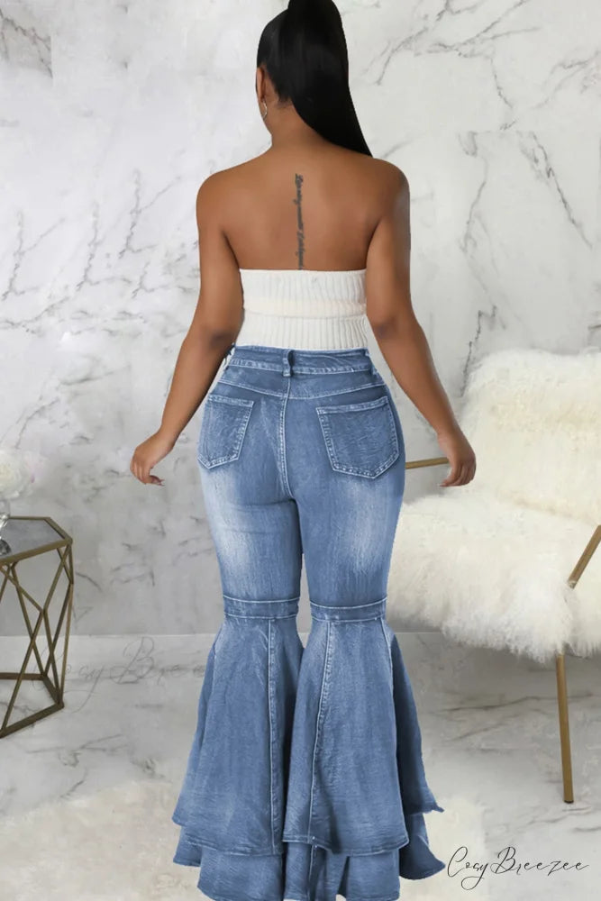 Rise Flares Tiered High Jeans Light Blue / 2XL