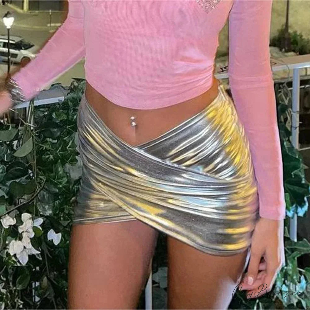Rise Wrap Hip Sexy Silver Cross Mini Skirt Silver / S