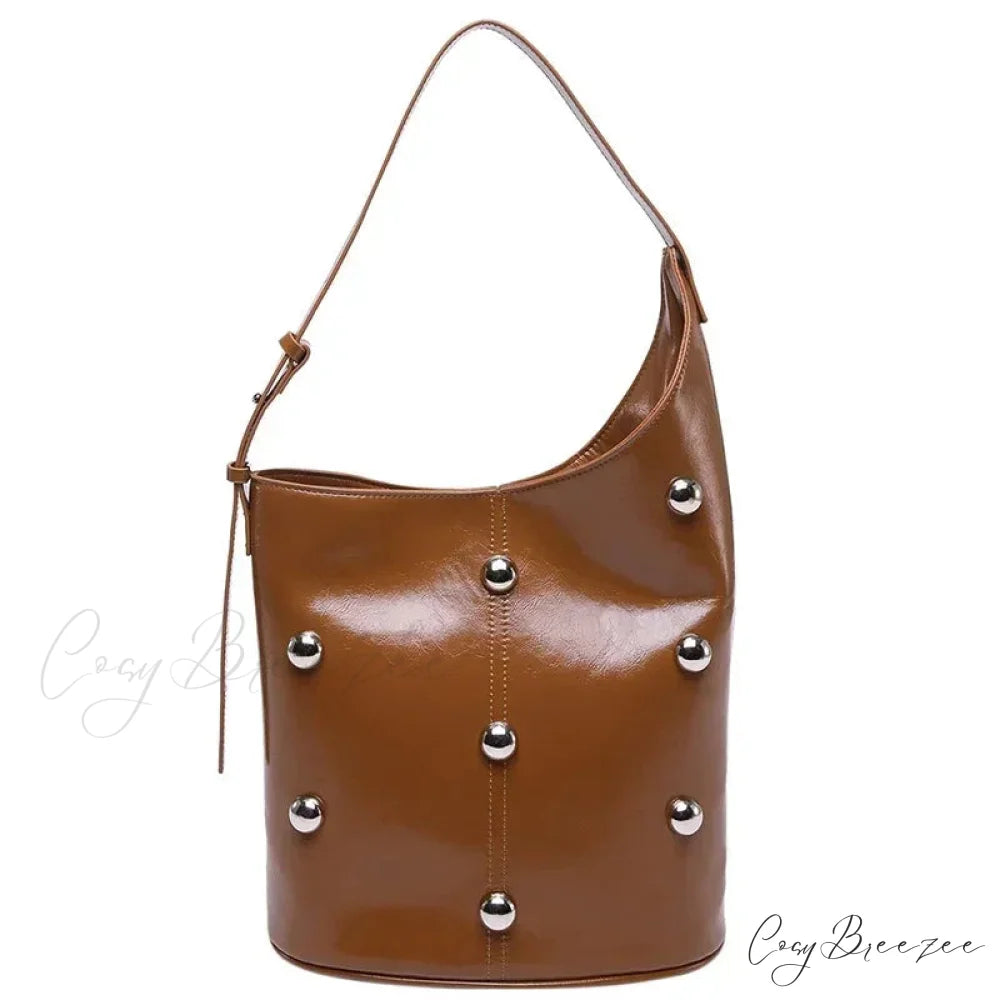 Rivet PU Bucket Shoulder Bag 2025 Brown shoulder-250126