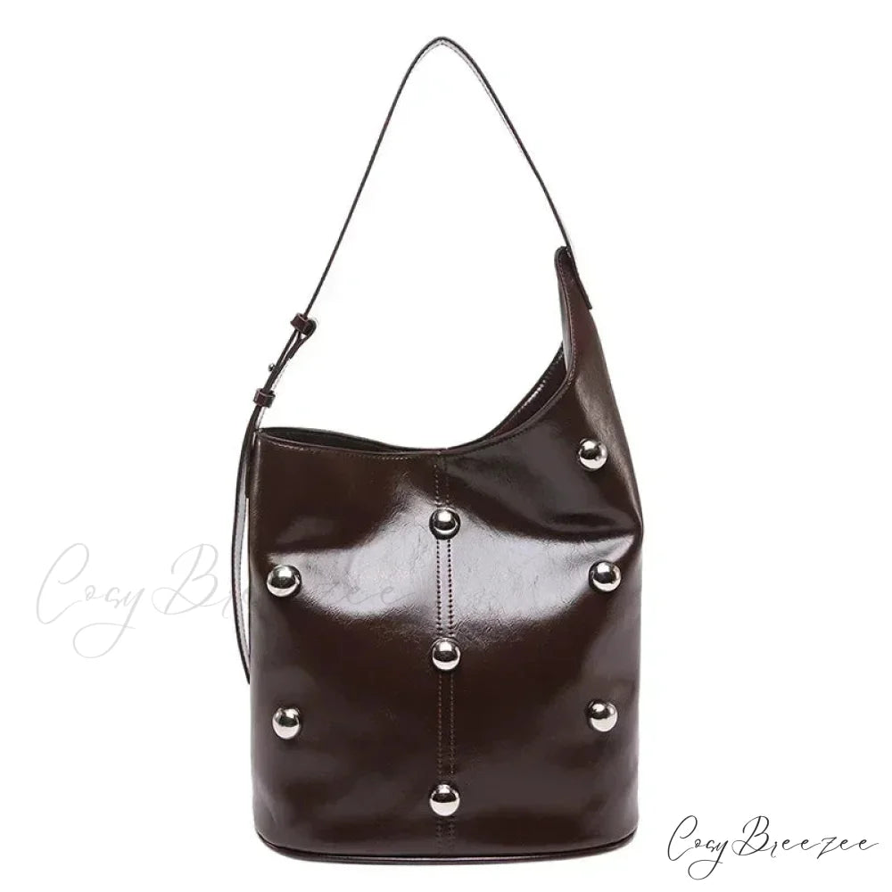 Rivet PU Bucket Shoulder Bag 2025 Coffee shoulder-250126