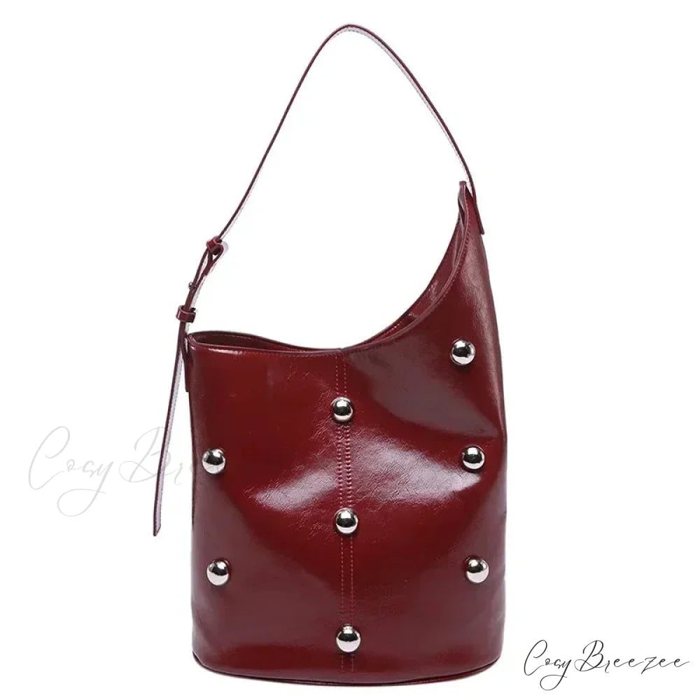 Rivet PU Bucket Shoulder Bag 2025 Red shoulder-250126