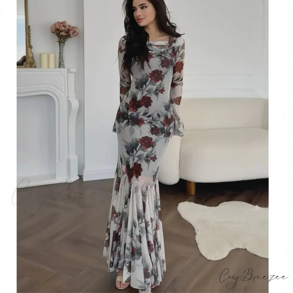 Romantic French Floral Print Long Sleeve Dress floraldress-250126