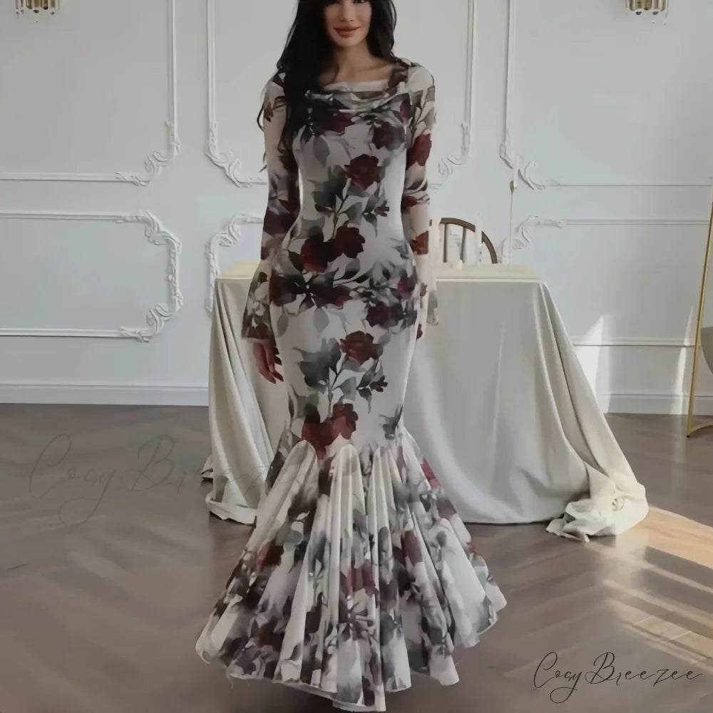 Romantic French Floral Print Long Sleeve Dress gray / S floraldress-250126