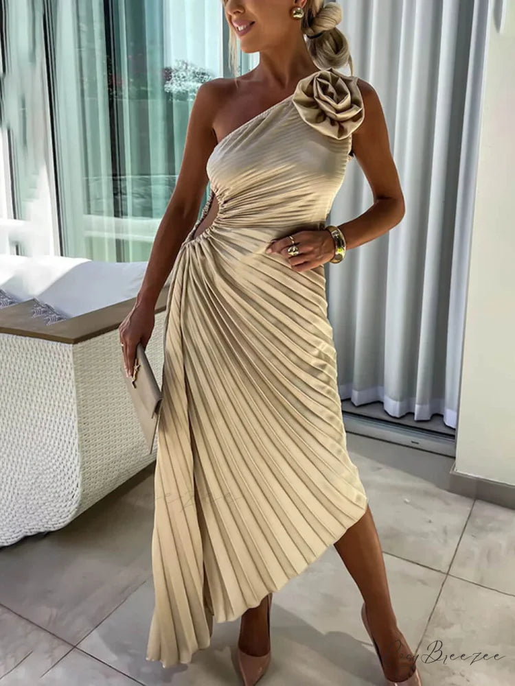 Romantic Night Guilloche Stretch Hollow Trendy One Shoulder Pleated Maxi Dress Beige / S