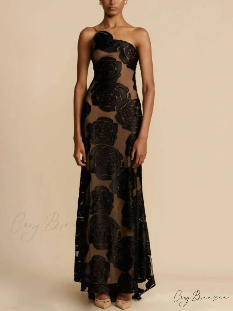 Rose Flower Three-Dimensional Charming Burnt Flower Maxi Dress