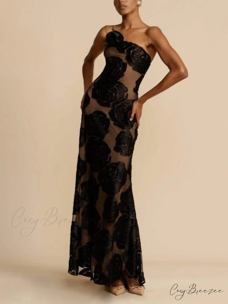 Rose Flower Three-Dimensional Charming Burnt Flower Maxi Dress