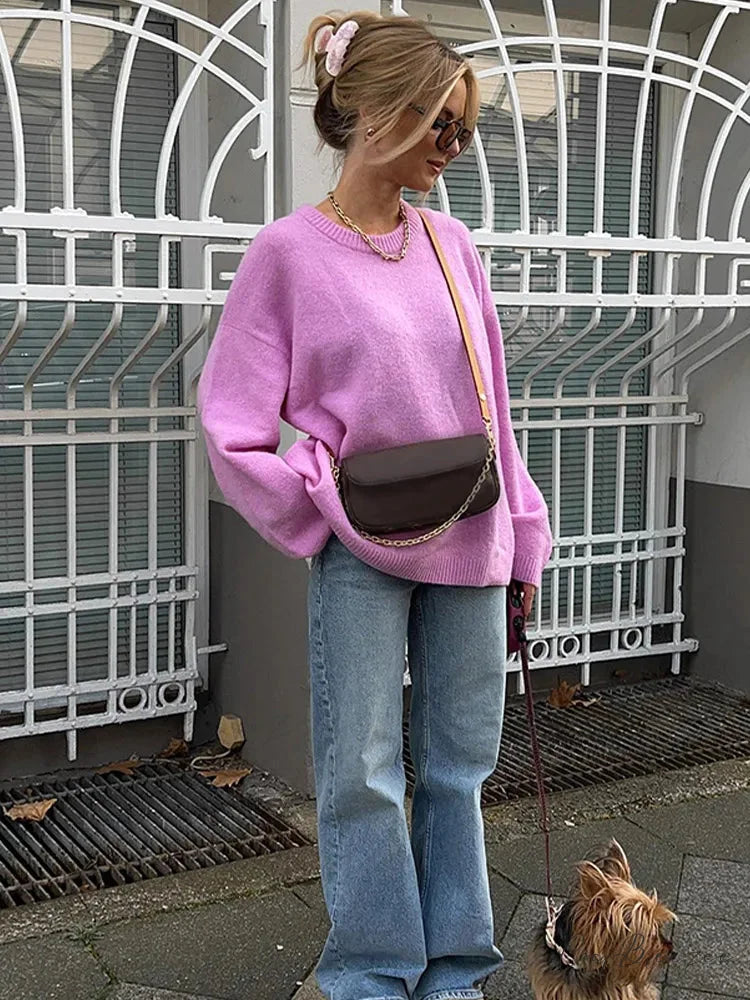 Rose Pink O-neck Lantern Sleeve Sweater Pink / S swraters-241228