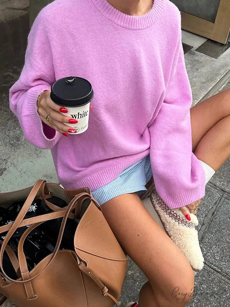 Rose Pink O-neck Lantern Sleeve Sweater swraters-241228