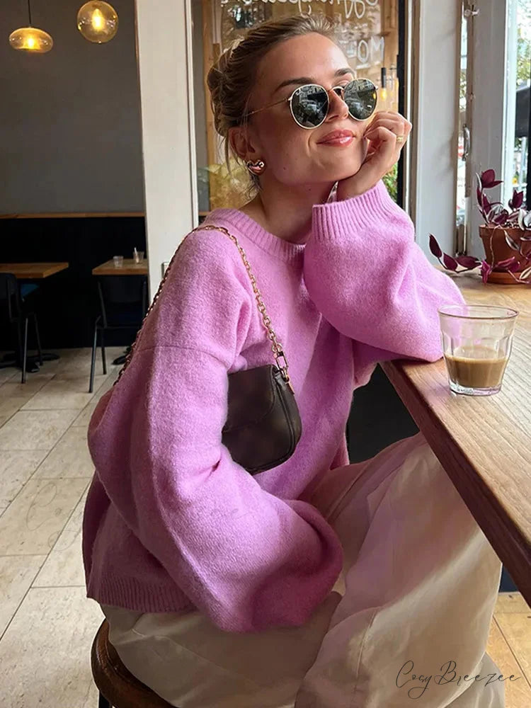 Rose Pink O-neck Lantern Sleeve Sweater swraters-241228