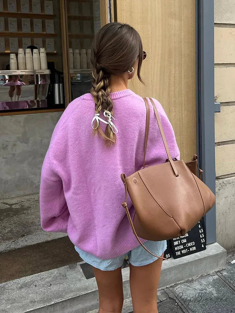 Rose Pink O-neck Lantern Sleeve Sweater swraters-241228
