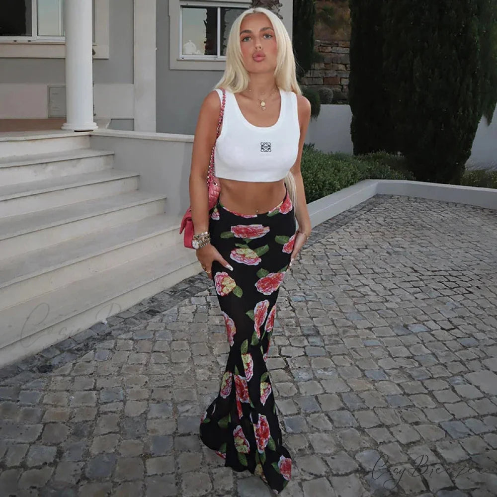 Rose Print Sheer Party Mesh Long Skirt