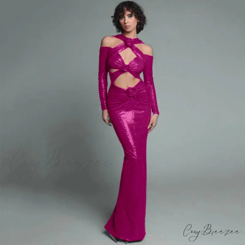 Rosered Long Sleeve Sequins Party Dress Fuchsia / XS