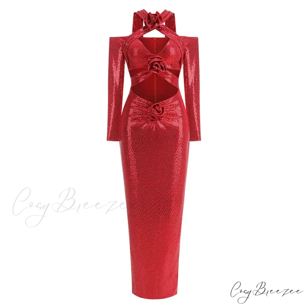 Rosered Long Sleeve Sequins Party Dress Red / XS