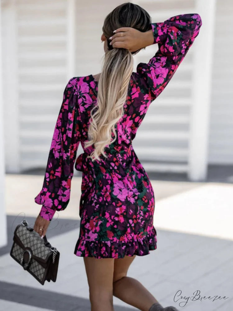 Round Long Patterned Arm Women’s Neck Waist Tie Dress