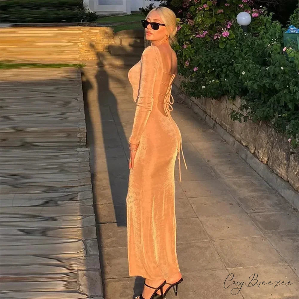 Round Neck Backless Maxi Dress Orange / S