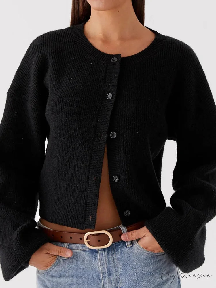 Round Neck Button-Down Full Sleeve Cardigan black / S cardigans-241228