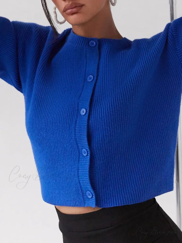 Round Neck Button-Down Full Sleeve Cardigan blue / S cardigans-241228