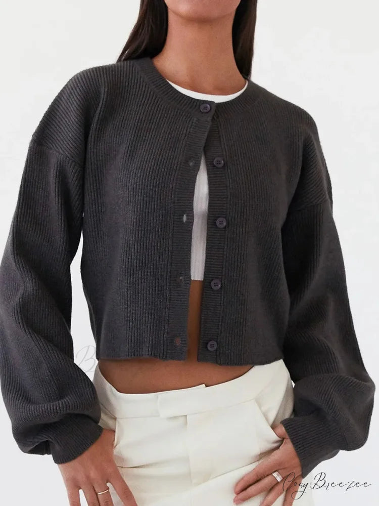 Round Neck Button-Down Full Sleeve Cardigan dark grey / S cardigans-241228
