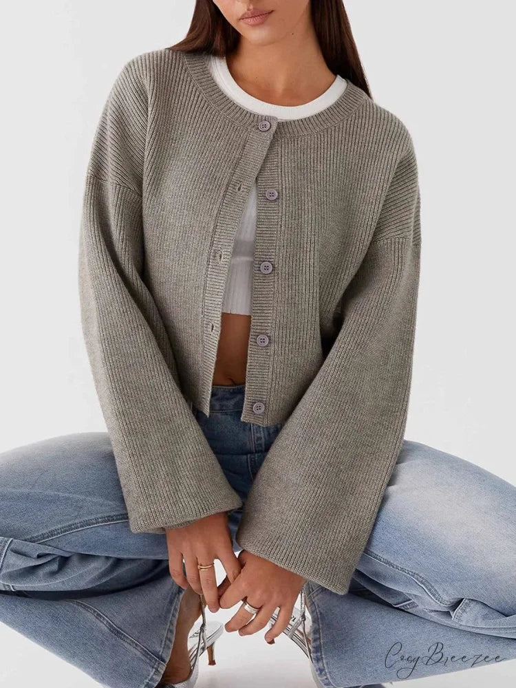 Round Neck Button-Down Full Sleeve Cardigan green / S cardigans-241228