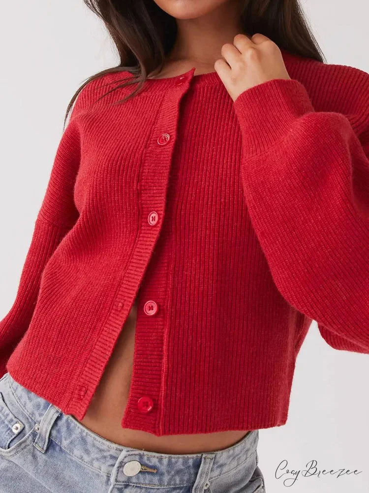 Round Neck Button-Down Full Sleeve Cardigan red / S cardigans-241228