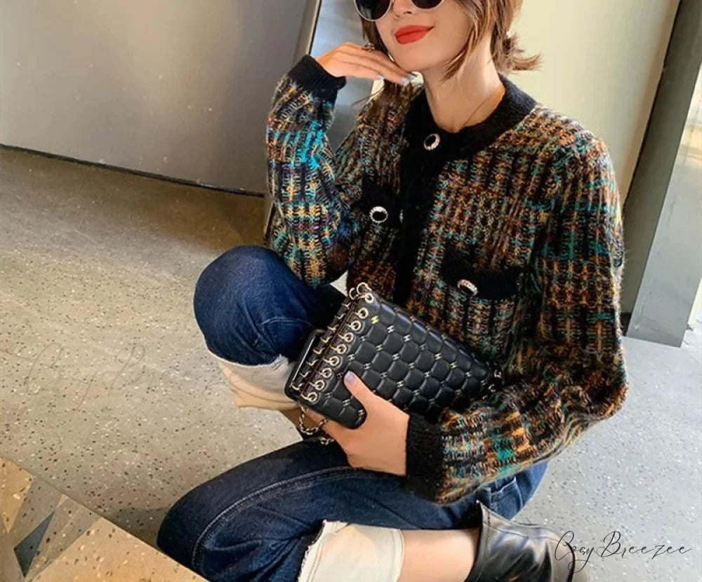 Round Neck Color Matching Knit Autumn Cardigan cardiagn-250126