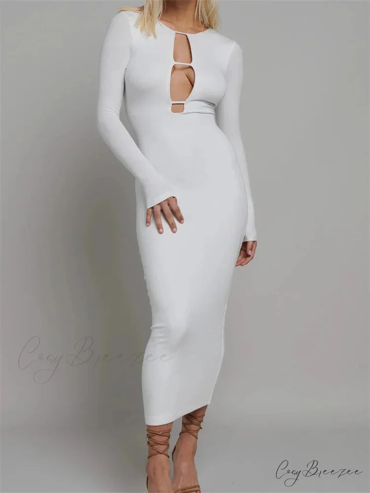 Round Neck Hollow Out Party Clubwear for Women Backless Sleeve Solid Color Slim Fit Vestidos WHITE / S