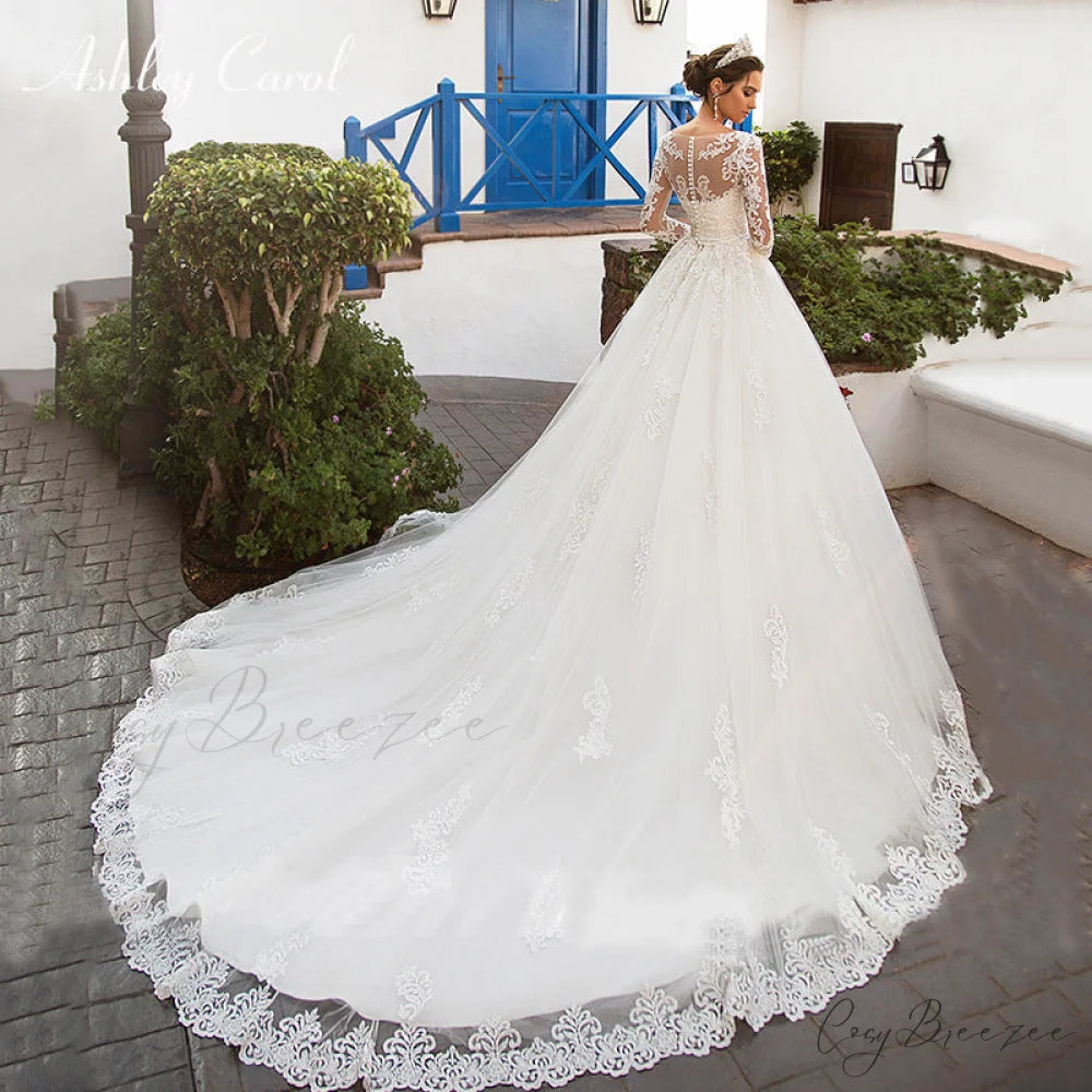 Round Neck Long Sleeve Lace Wedding Dress lvory white / 2 weddingdress-250223