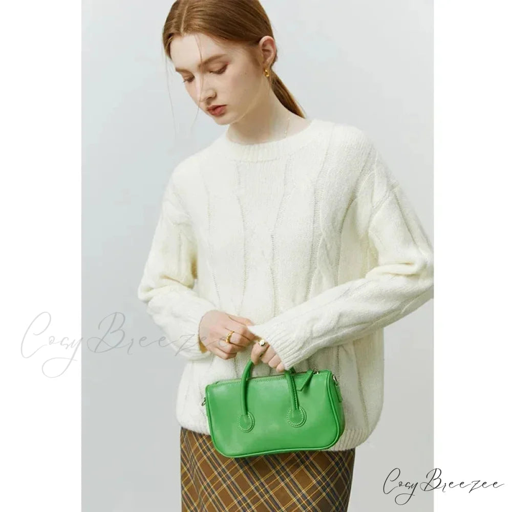 Round Neck Twisted Mohair Casual Solid Full Sleeve Christmas Sweater Beige / XS