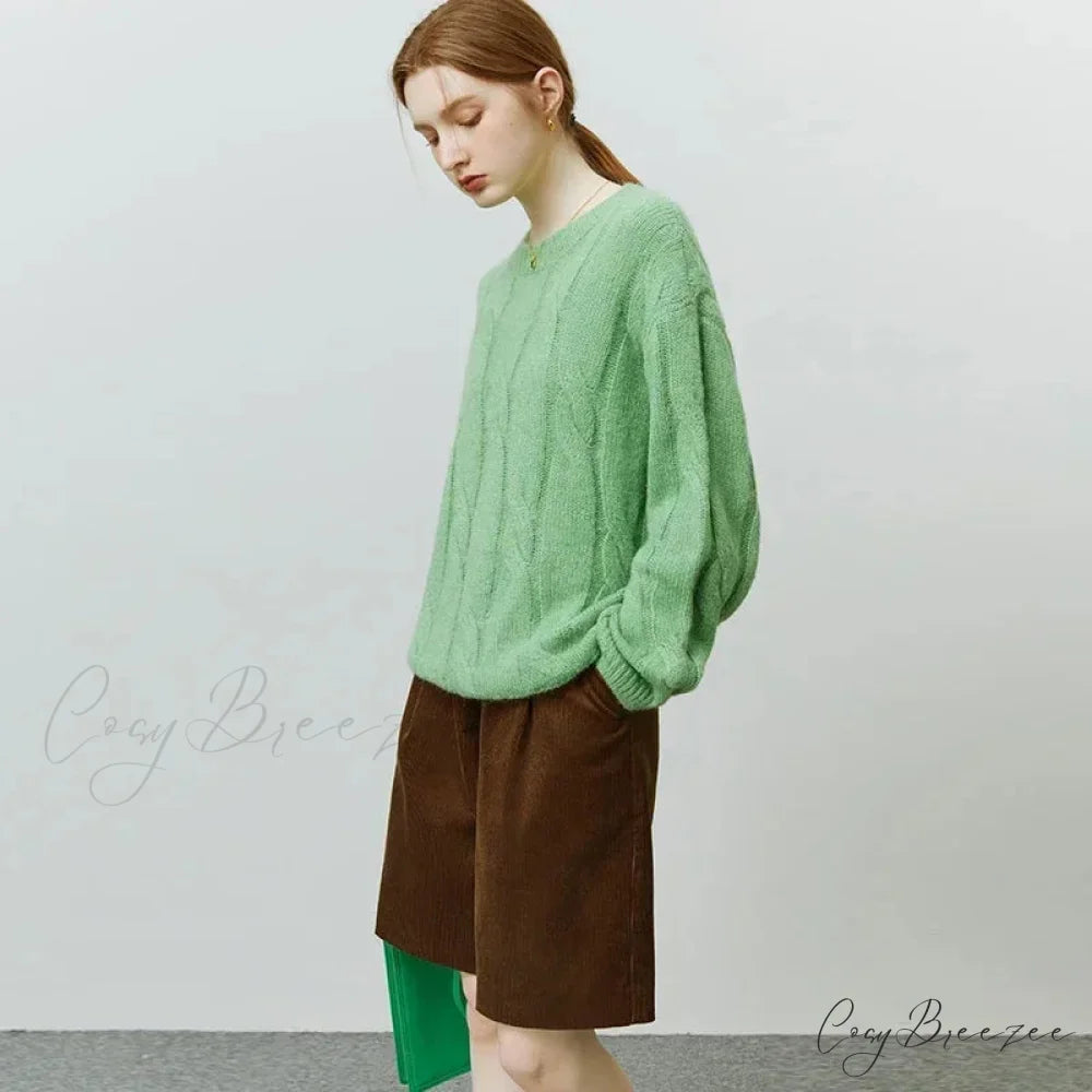 Round Neck Twisted Mohair Casual Solid Full Sleeve Christmas Sweater Green / XS