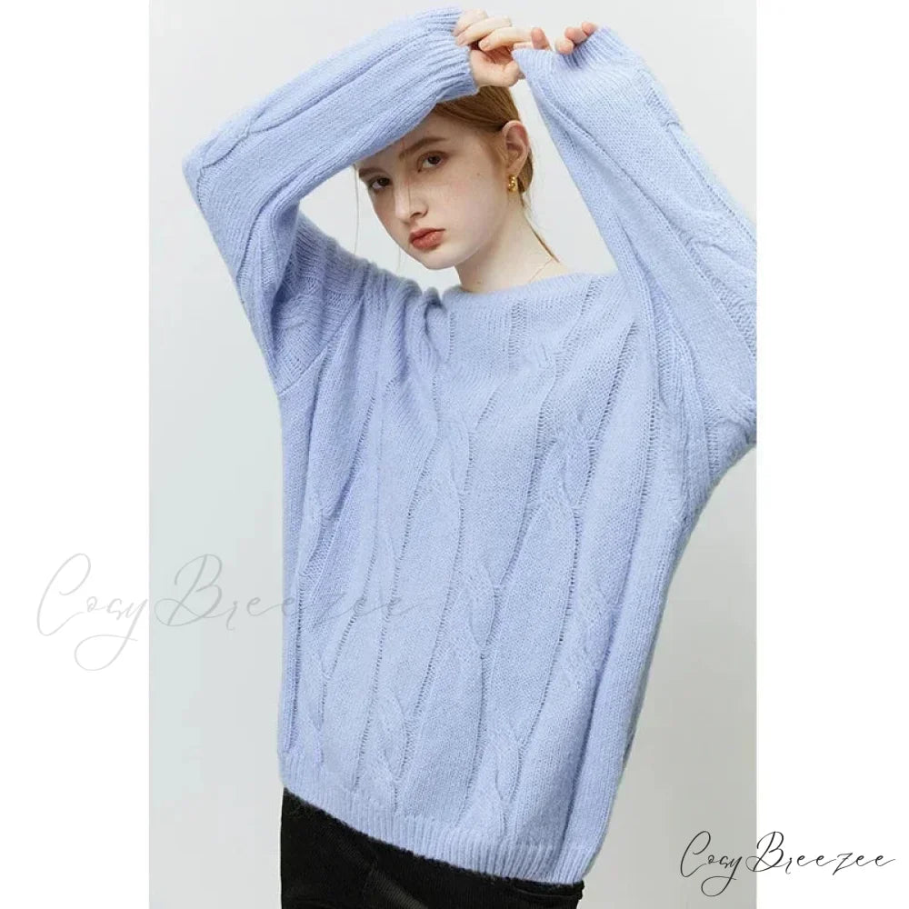 Round Neck Twisted Mohair Casual Solid Full Sleeve Christmas Sweater Lavender / XS