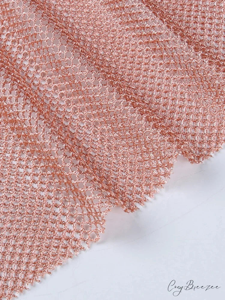 Round Splicing Neck Furry Hollow Mesh Glitter Arm Women’s See-through Long Dress