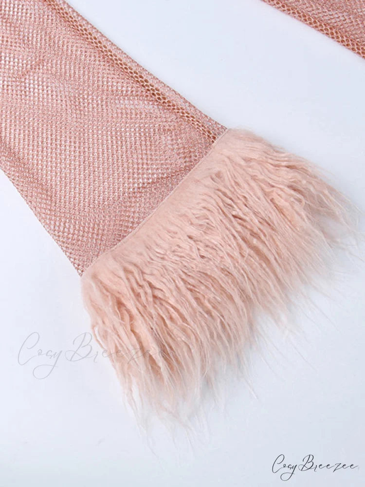 Round Splicing Neck Furry Hollow Mesh Glitter Arm Women’s See-through Long Dress