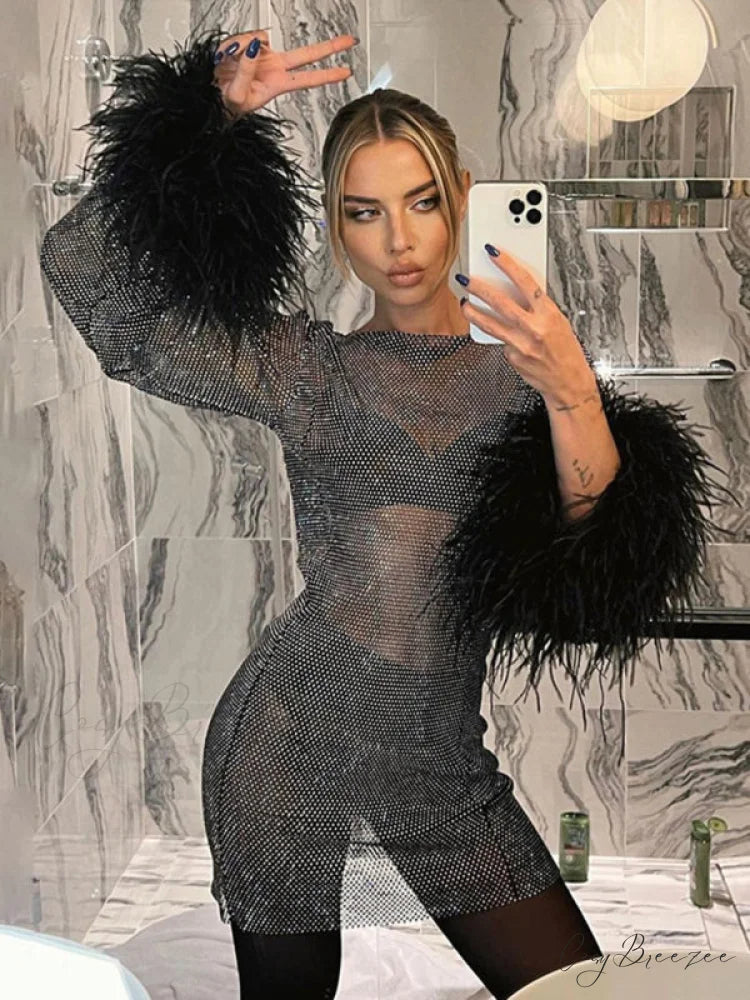 Round Splicing Neck Furry Hollow Mesh Glitter Arm Women’s See-through Long Dress Black / S