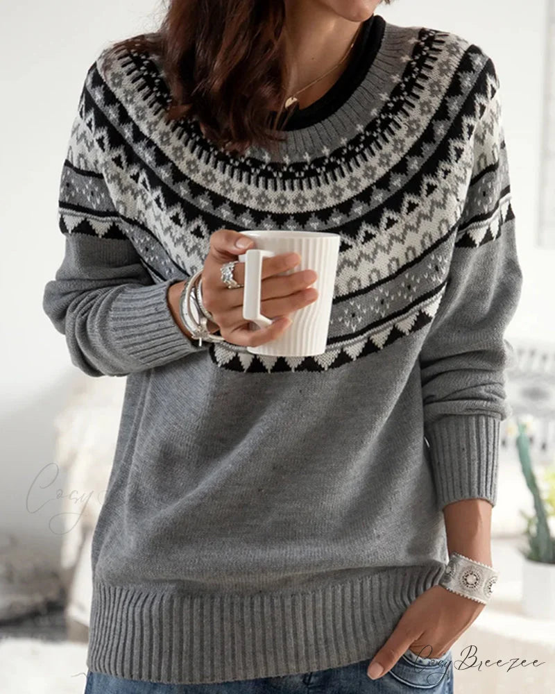 Round Sweater Geometric Neck with Print Gray / S