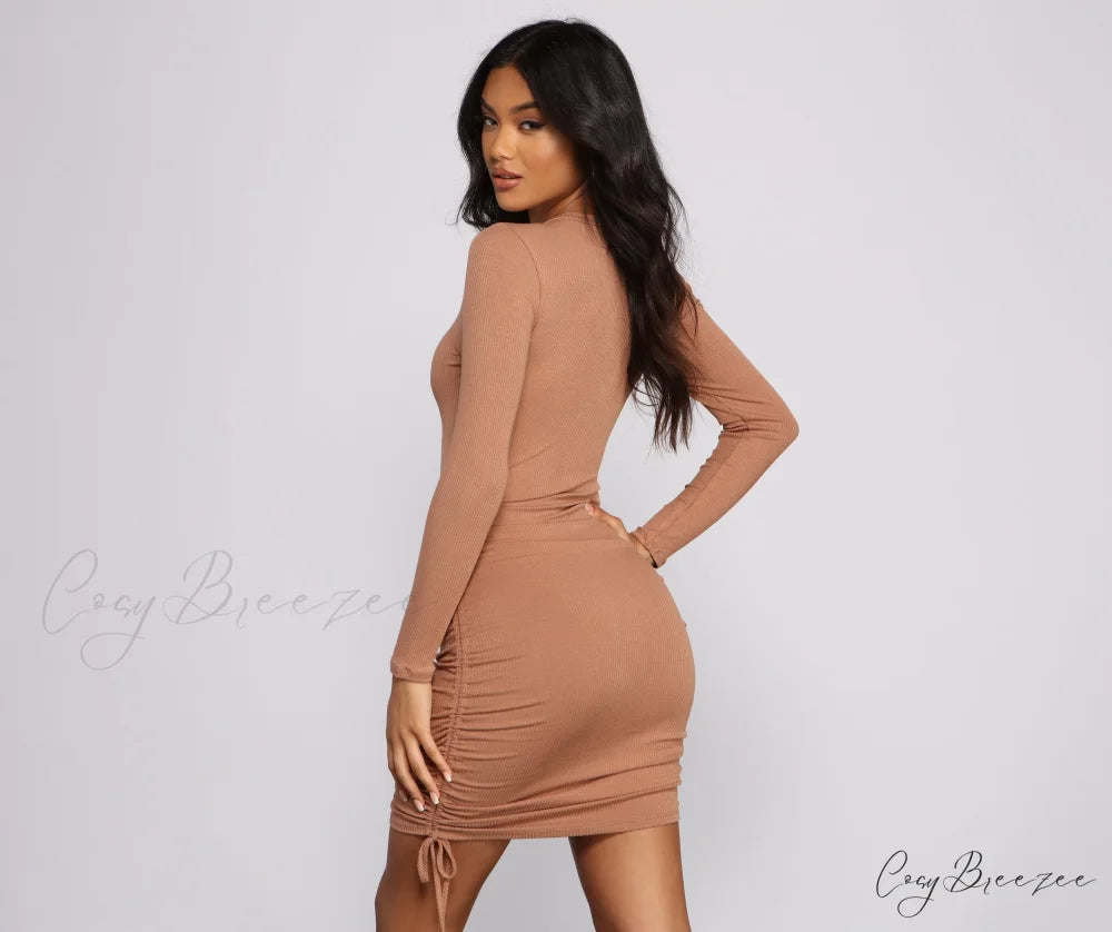 Ruched And Ribbed Knit Graceful Crew Neck Mini Dress