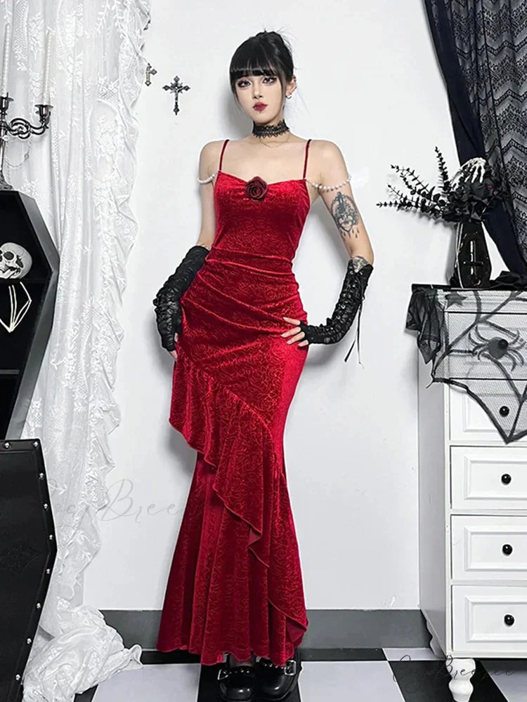 Ruched Cold Shoulder Spaghetti Strap Fishtail Long Retro 3D Rose Flower Red Wedding Party Dress Red / S