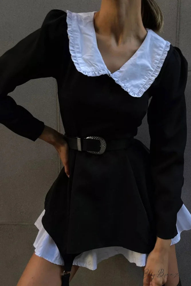 Ruched Fake Two-Pieces Dress with Doll Collar Black / L