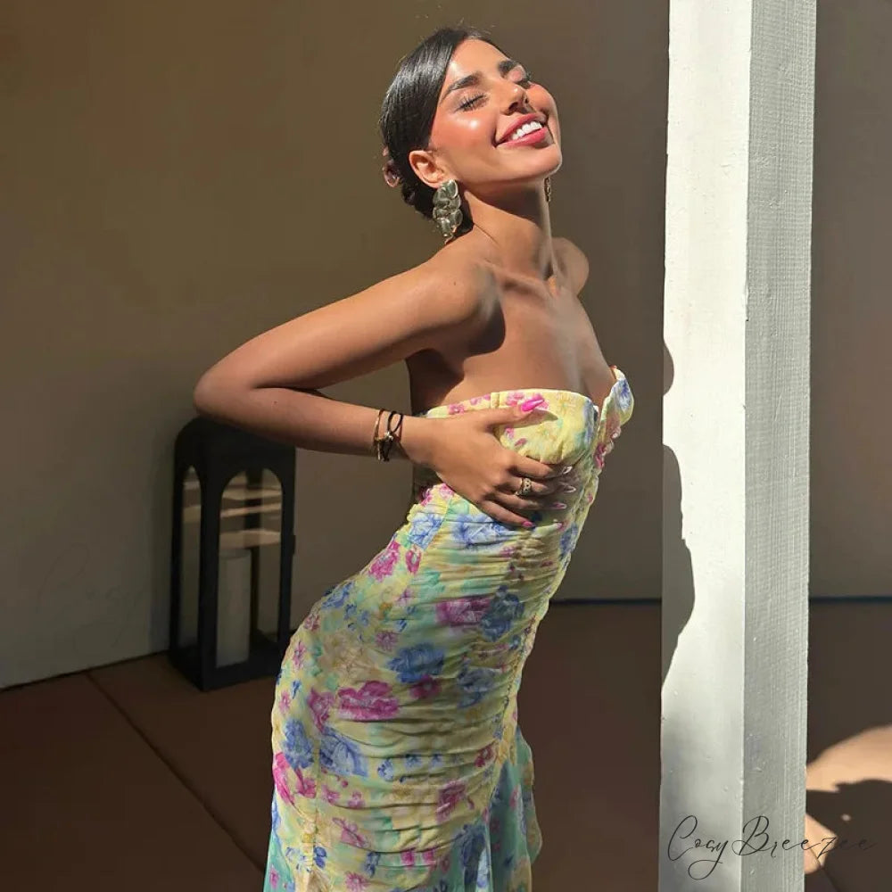 Ruched Floral Print Maxi Dress