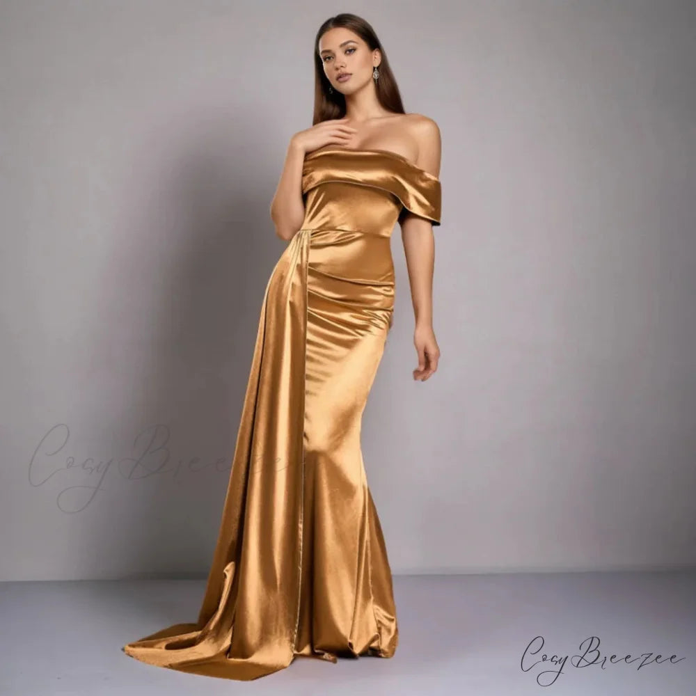 Ruched Long Satin Party Dress Gold / XS